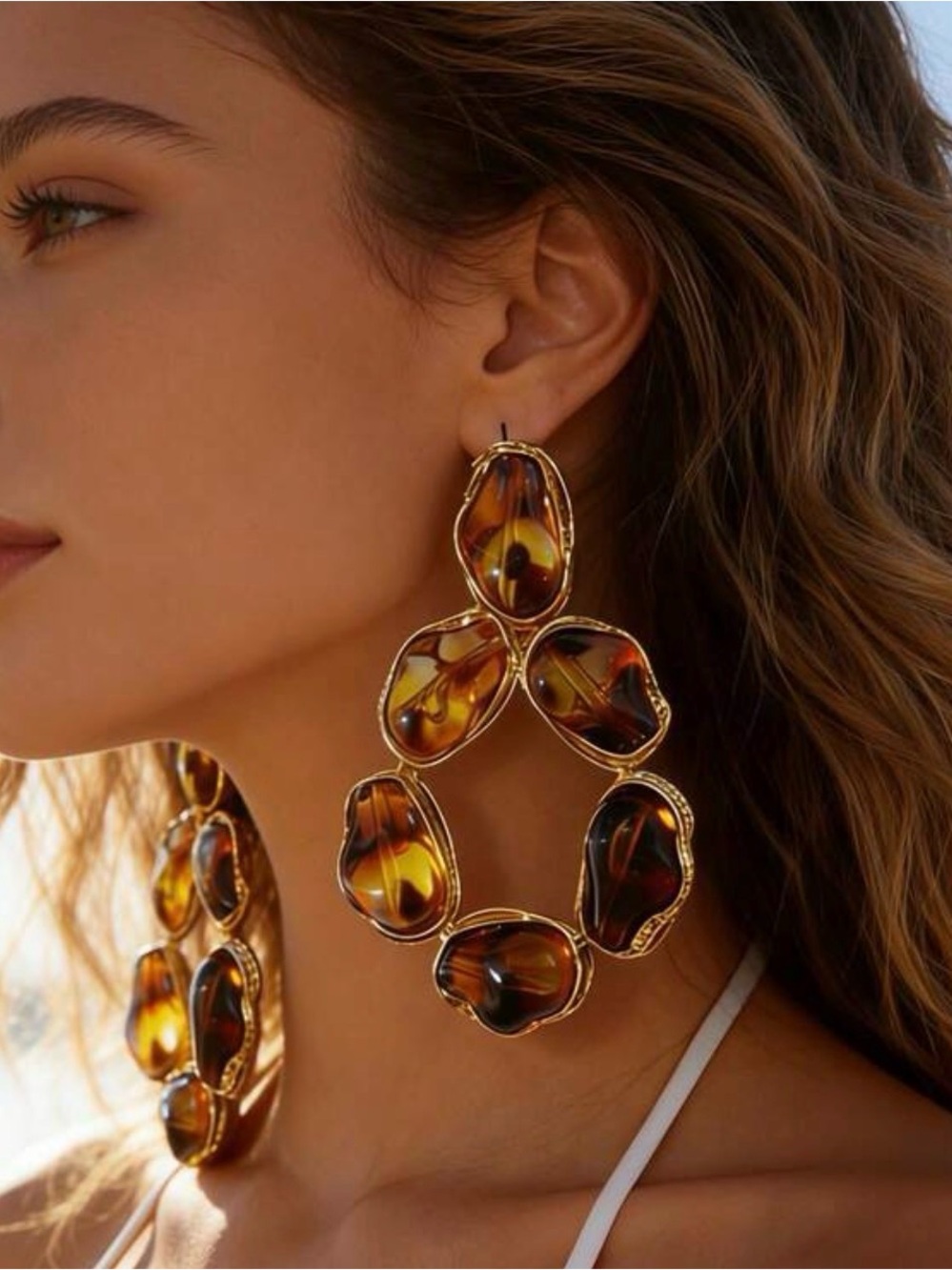 Gold and Amber Tortoiseshell Drop Earrings - Women Jewelry
